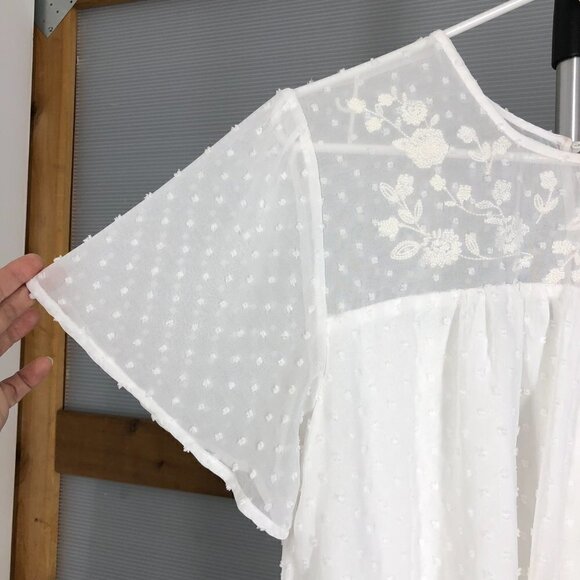 BLUE RAIN  White Emboridered Textured  Flowy Lightly Sheer S/S Blouse‎ Sz L - Picture 2 of 9